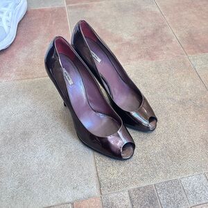 Miu Miu Burgandy Patent Leather Peep Toe Pumps